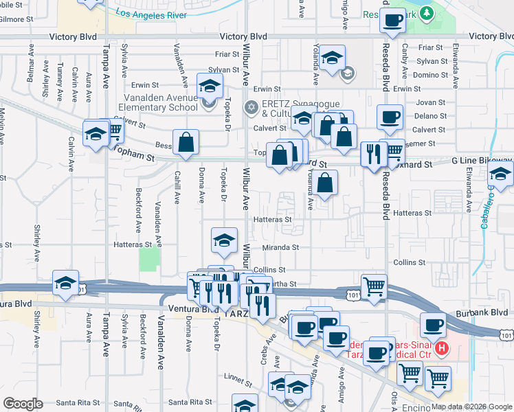 map of restaurants, bars, coffee shops, grocery stores, and more near 18843 Hatteras Street in Los Angeles