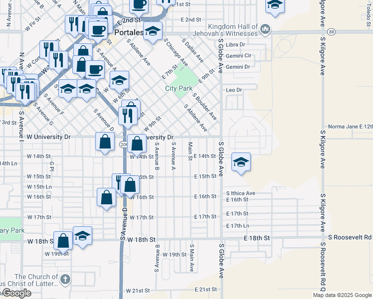 map of restaurants, bars, coffee shops, grocery stores, and more near 1400 South Main Avenue in Portales