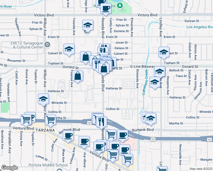 map of restaurants, bars, coffee shops, grocery stores, and more near 5900 Reseda Blvd in Tarzana