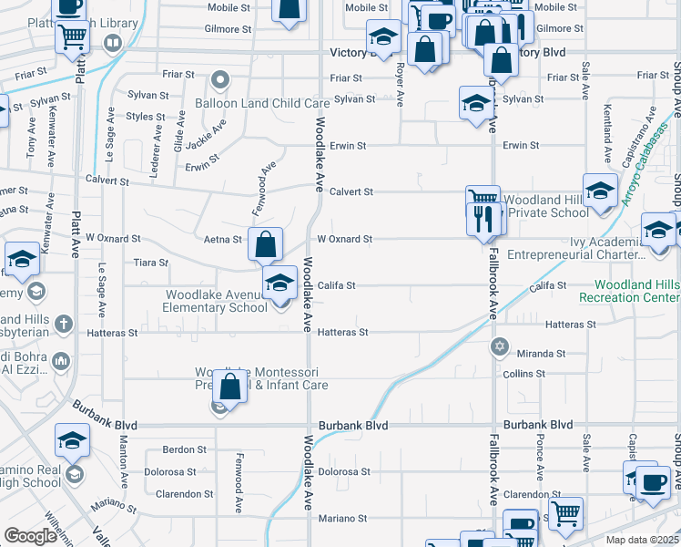 map of restaurants, bars, coffee shops, grocery stores, and more near 23121 Califa Street in Los Angeles