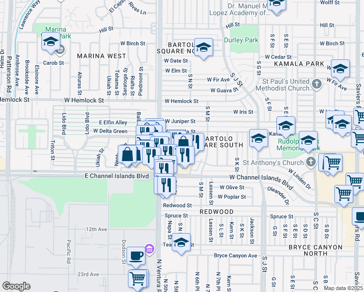 map of restaurants, bars, coffee shops, grocery stores, and more near 1321 Casa San Carlos Lane in Oxnard
