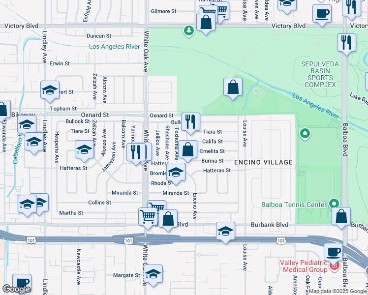 map of restaurants, bars, coffee shops, grocery stores, and more near 5907 Encino Avenue in Los Angeles