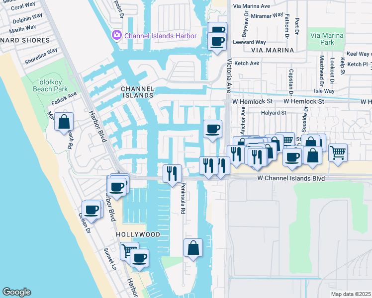 map of restaurants, bars, coffee shops, grocery stores, and more near 4030 Ischia Drive in Oxnard