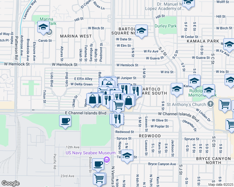 map of restaurants, bars, coffee shops, grocery stores, and more near 1431 Casa San Carlos Lane in Oxnard