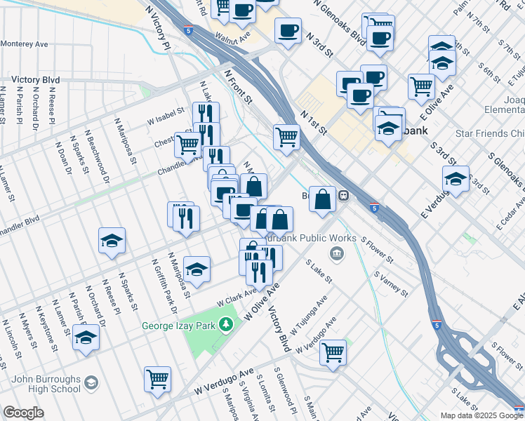 map of restaurants, bars, coffee shops, grocery stores, and more near 164 West Magnolia Boulevard in Burbank