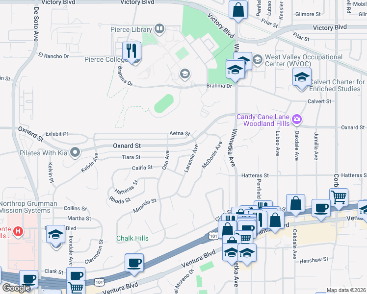 map of restaurants, bars, coffee shops, grocery stores, and more near 20302 Oxnard Street in Los Angeles