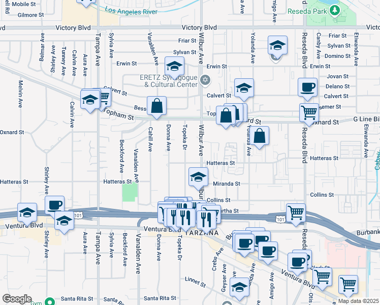 map of restaurants, bars, coffee shops, grocery stores, and more near 5924 Topeka Drive in Los Angeles