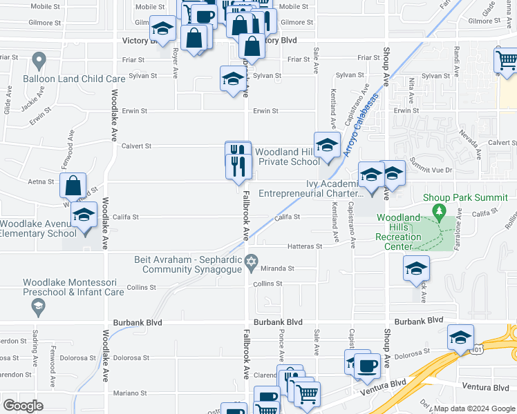 map of restaurants, bars, coffee shops, grocery stores, and more near Califa Street in Los Angeles
