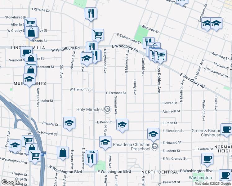 map of restaurants, bars, coffee shops, grocery stores, and more near North Summit Avenue & East Tremont Street in Pasadena