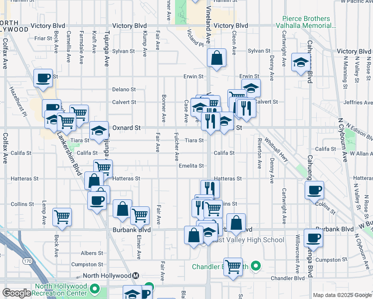 map of restaurants, bars, coffee shops, grocery stores, and more near 11055 Califa Street in Los Angeles