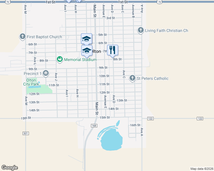 map of restaurants, bars, coffee shops, grocery stores, and more near 1101 Avenue East in Olton