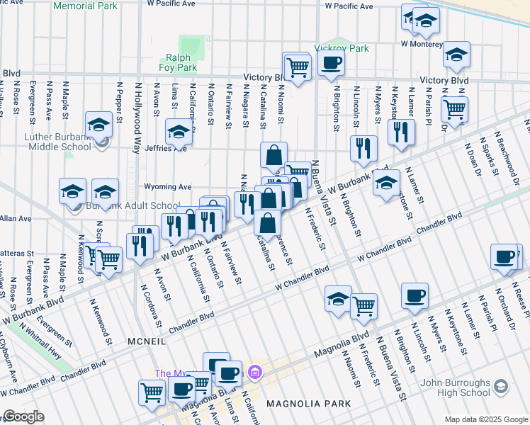 map of restaurants, bars, coffee shops, grocery stores, and more near 2732 West Burbank Boulevard in Burbank