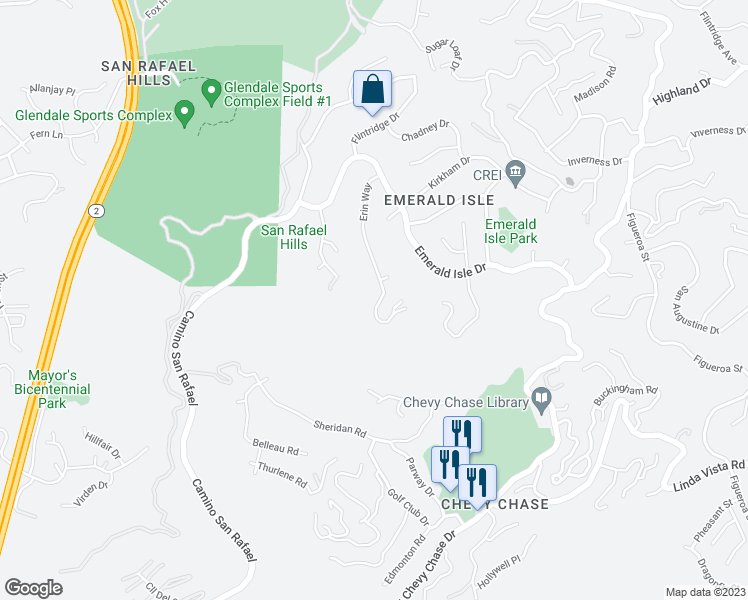 map of restaurants, bars, coffee shops, grocery stores, and more near 1985 Erin Way in Glendale