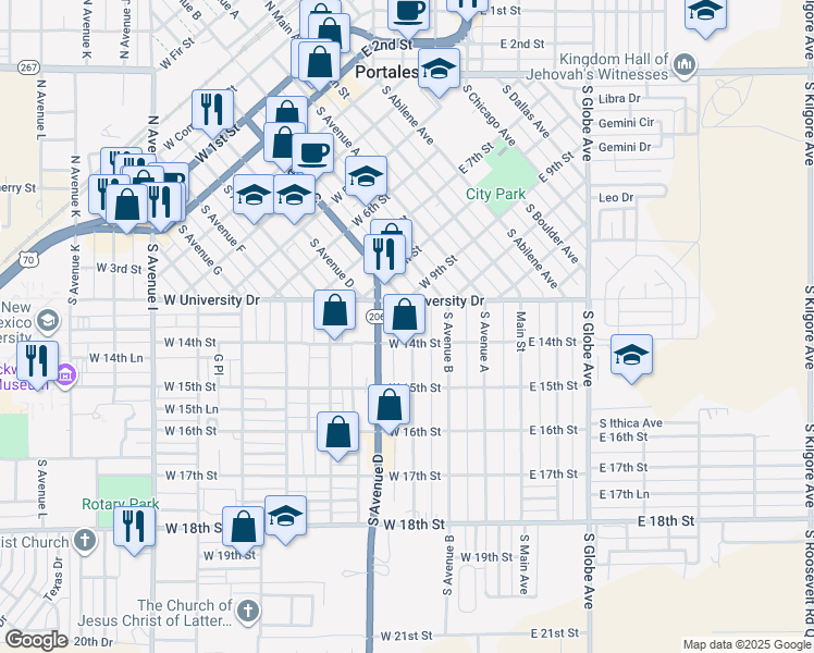 map of restaurants, bars, coffee shops, grocery stores, and more near 1318 South Avenue C in Portales
