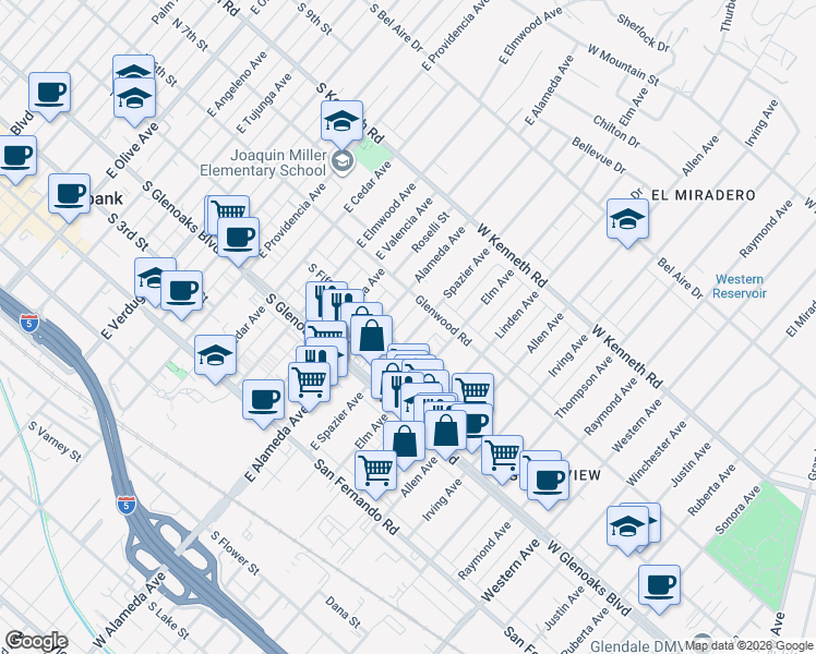 map of restaurants, bars, coffee shops, grocery stores, and more near 1161 Spazier Avenue in Glendale