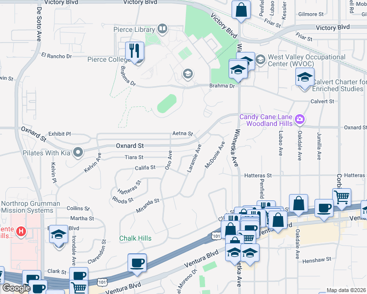 map of restaurants, bars, coffee shops, grocery stores, and more near 20302 Oxnard Street in Los Angeles