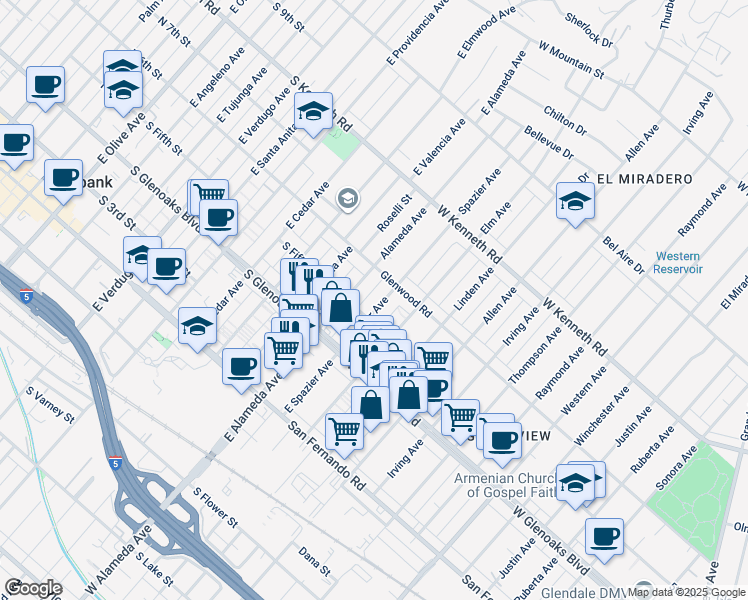 map of restaurants, bars, coffee shops, grocery stores, and more near 1161 Spazier Avenue in Glendale