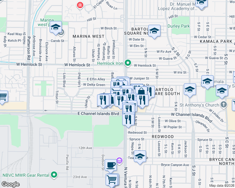 map of restaurants, bars, coffee shops, grocery stores, and more near 2631 North Ventura Road in Port Hueneme