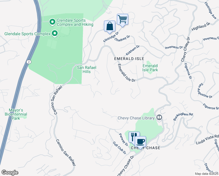 map of restaurants, bars, coffee shops, grocery stores, and more near 1985 Erin Way in Glendale