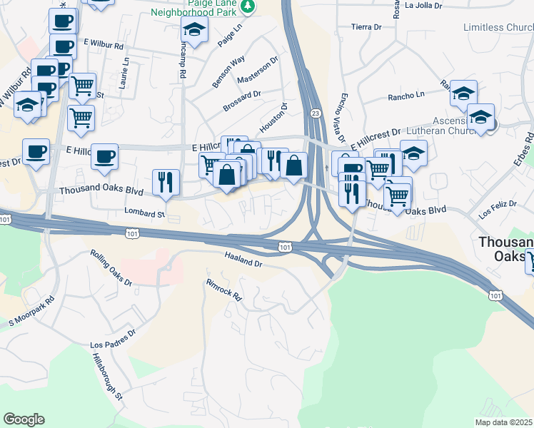 map of restaurants, bars, coffee shops, grocery stores, and more near 110 Jensen Court in Thousand Oaks