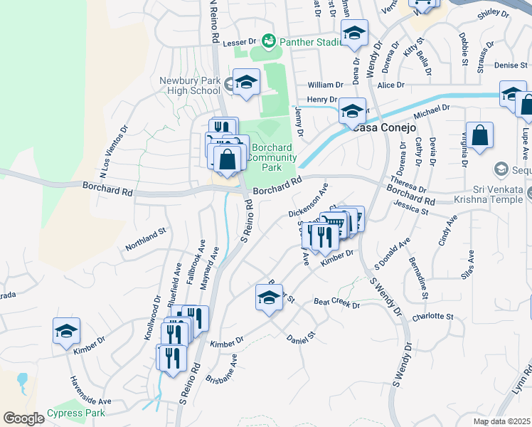 map of restaurants, bars, coffee shops, grocery stores, and more near 73 Edgar Court in Thousand Oaks
