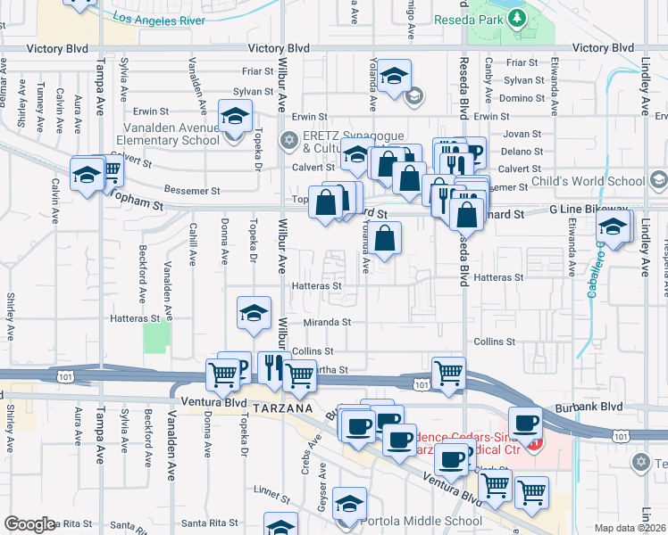 map of restaurants, bars, coffee shops, grocery stores, and more near 18741 Hatteras Street in Los Angeles