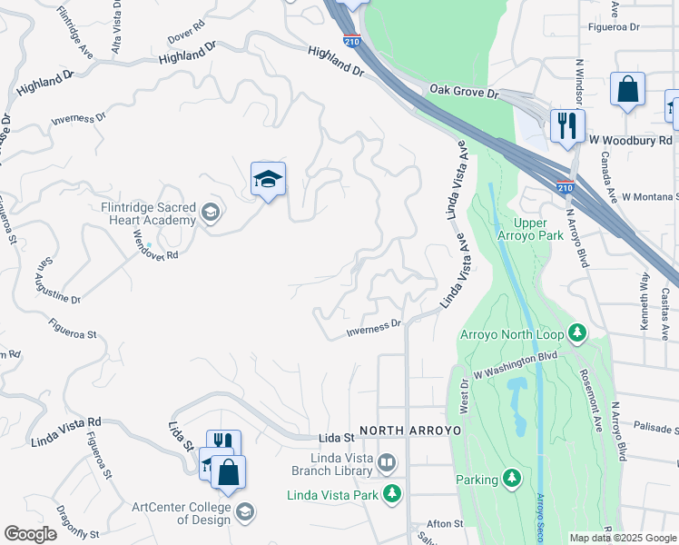 map of restaurants, bars, coffee shops, grocery stores, and more near 1372 Edgehill Place in Pasadena