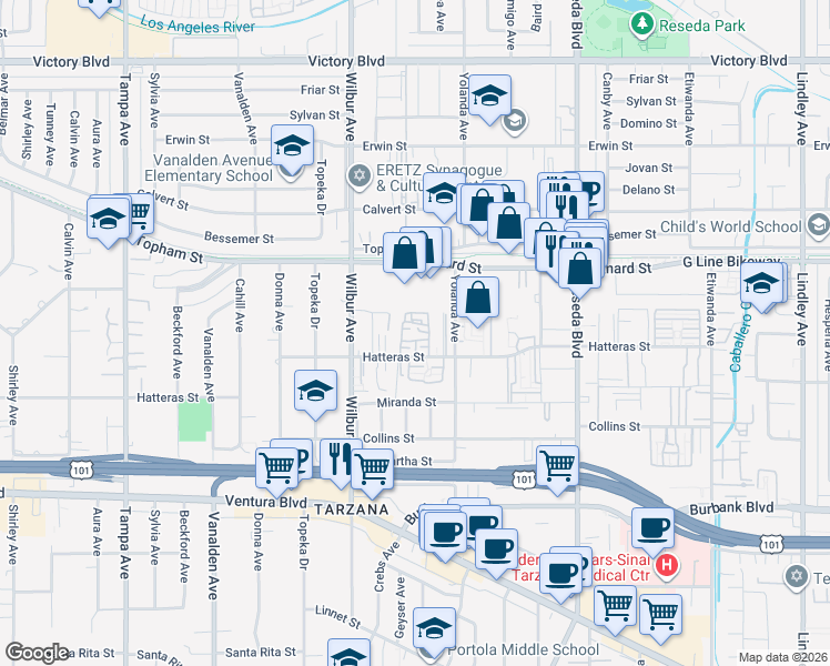 map of restaurants, bars, coffee shops, grocery stores, and more near 18751 Hatteras Street in Los Angeles