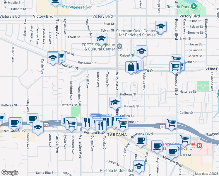 map of restaurants, bars, coffee shops, grocery stores, and more near 5924 Topeka Drive in Los Angeles