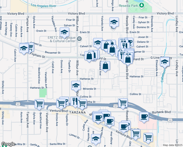 map of restaurants, bars, coffee shops, grocery stores, and more near 29 Hatteras Street in Los Angeles