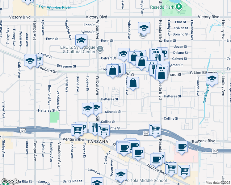 map of restaurants, bars, coffee shops, grocery stores, and more near 18737 Hatteras Street in Los Angeles