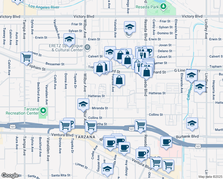 map of restaurants, bars, coffee shops, grocery stores, and more near 18701 Hatteras Street in Los Angeles