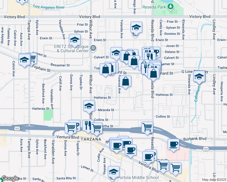 map of restaurants, bars, coffee shops, grocery stores, and more near 29 Hatteras Street in Los Angeles