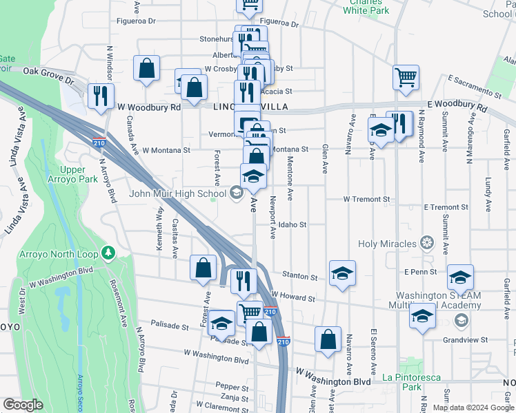 map of restaurants, bars, coffee shops, grocery stores, and more near 1868 Lincoln Avenue in Pasadena