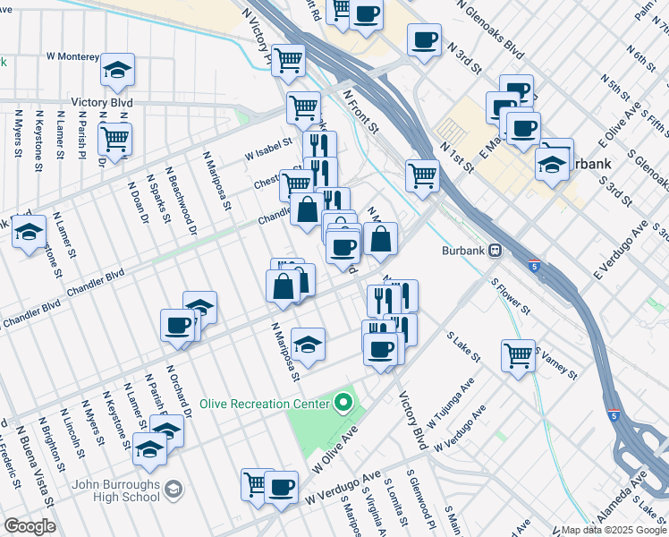 map of restaurants, bars, coffee shops, grocery stores, and more near 411 North Glenwood Place in Burbank