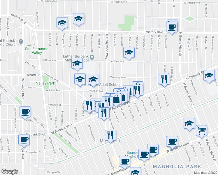 map of restaurants, bars, coffee shops, grocery stores, and more near 1503 North Avon Street in Burbank