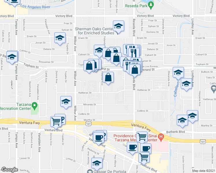 map of restaurants, bars, coffee shops, grocery stores, and more near 15 Yolanda Avenue in Los Angeles