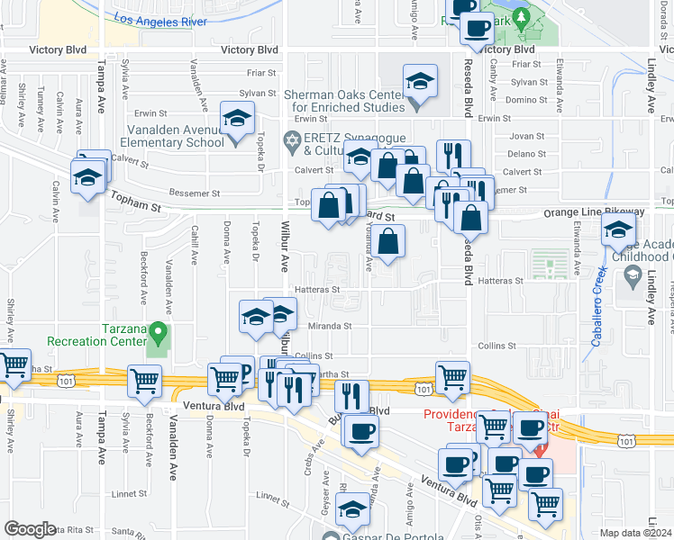 map of restaurants, bars, coffee shops, grocery stores, and more near 29 Hatteras Street in Los Angeles