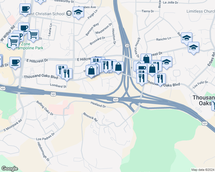 map of restaurants, bars, coffee shops, grocery stores, and more near 110 Jensen Court in Thousand Oaks