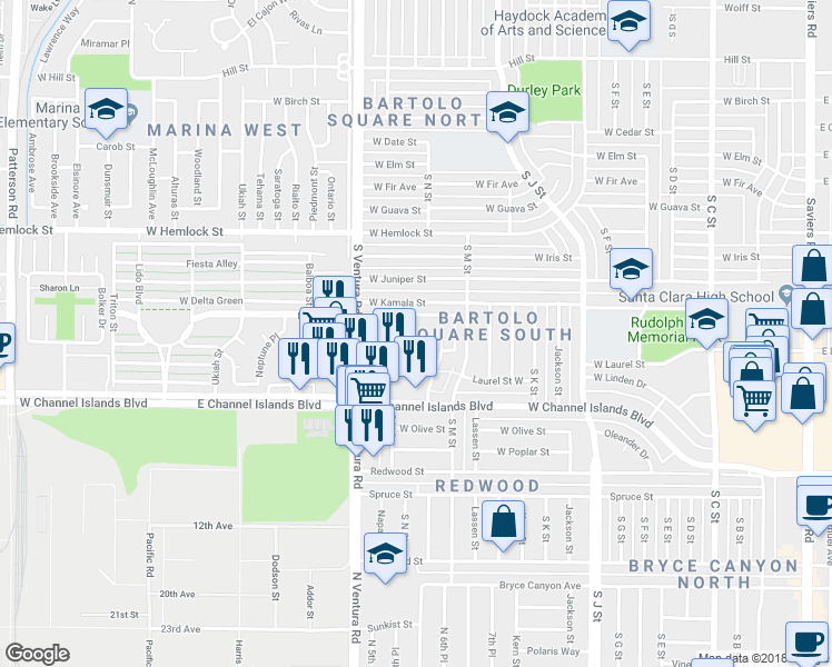 map of restaurants, bars, coffee shops, grocery stores, and more near 1321 Casa San Carlos Lane in Oxnard