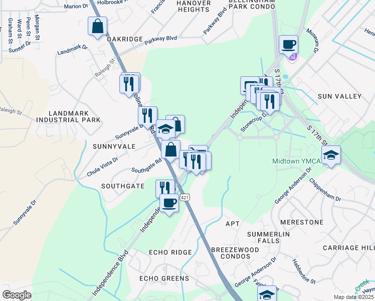 map of restaurants, bars, coffee shops, grocery stores, and more near 3731 Carolina Beach Road in Wilmington
