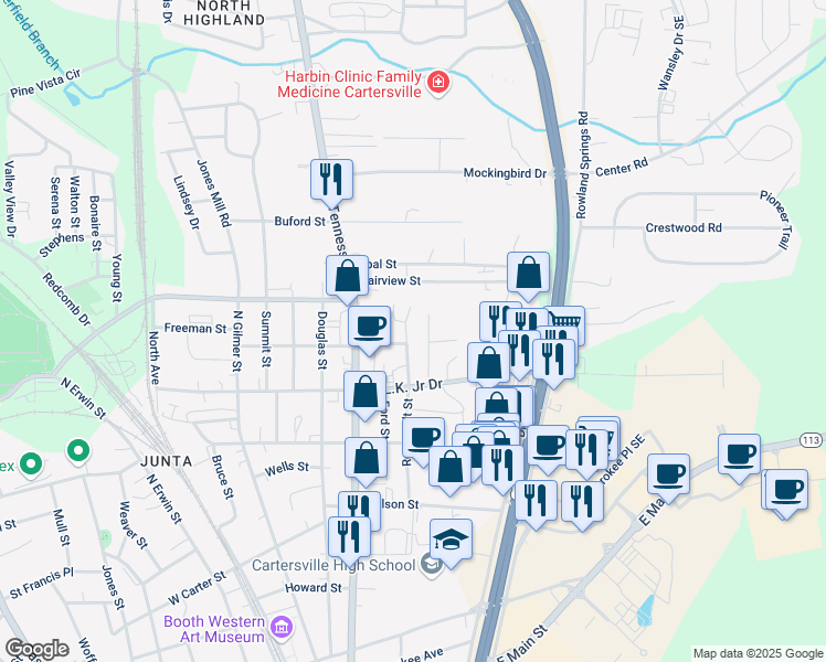 map of restaurants, bars, coffee shops, grocery stores, and more near 125 Roosevelt Street in Cartersville
