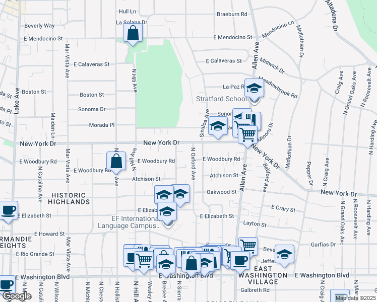 map of restaurants, bars, coffee shops, grocery stores, and more near 1845 North Oxford Avenue in Pasadena