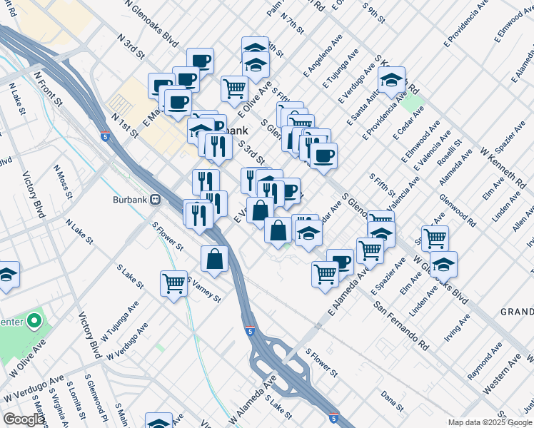 map of restaurants, bars, coffee shops, grocery stores, and more near 156 East Santa Anita Avenue in Burbank