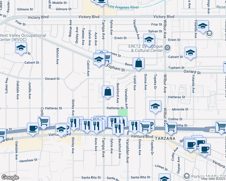 map of restaurants, bars, coffee shops, grocery stores, and more near 5911 Beckford Avenue in Los Angeles