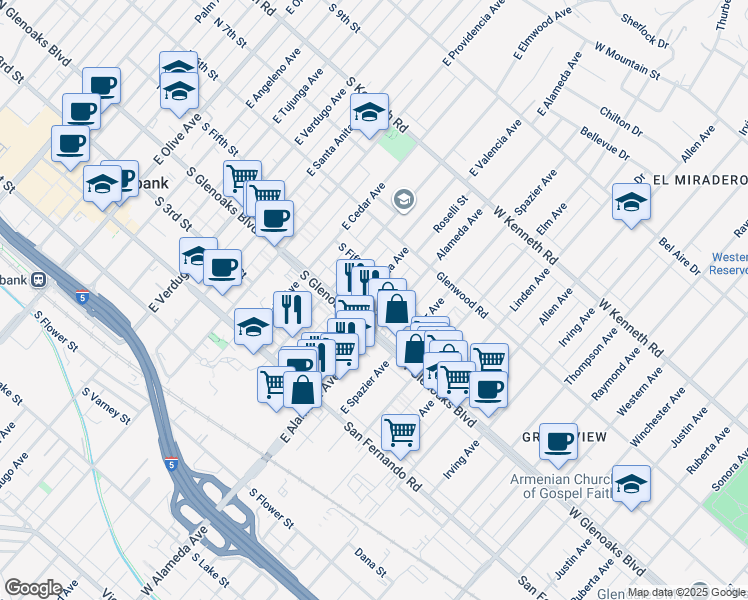 map of restaurants, bars, coffee shops, grocery stores, and more near 414 East Valencia Avenue in Burbank
