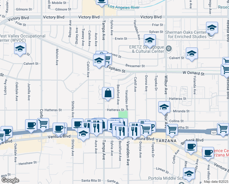 map of restaurants, bars, coffee shops, grocery stores, and more near 5911 Beckford Avenue in Los Angeles