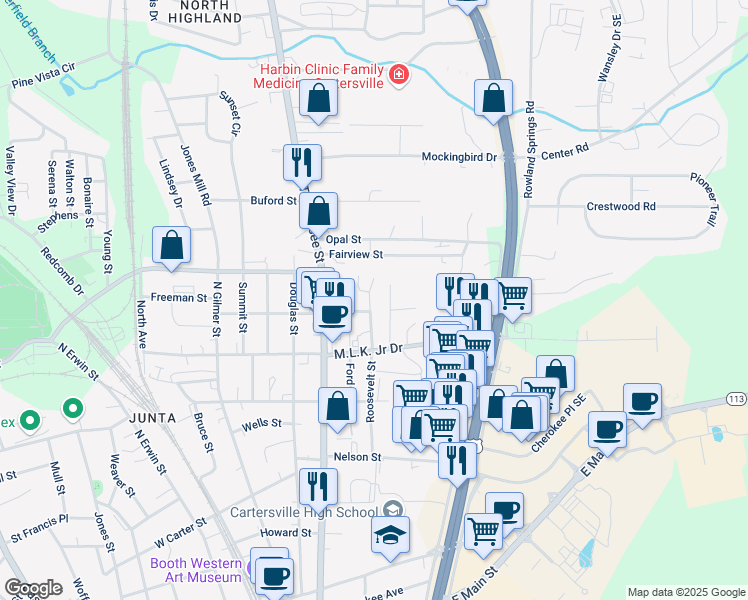 map of restaurants, bars, coffee shops, grocery stores, and more near 125 Roosevelt Street in Cartersville