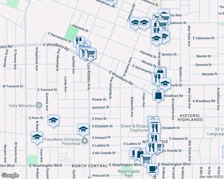 map of restaurants, bars, coffee shops, grocery stores, and more near 1862 North Madison Avenue in Pasadena