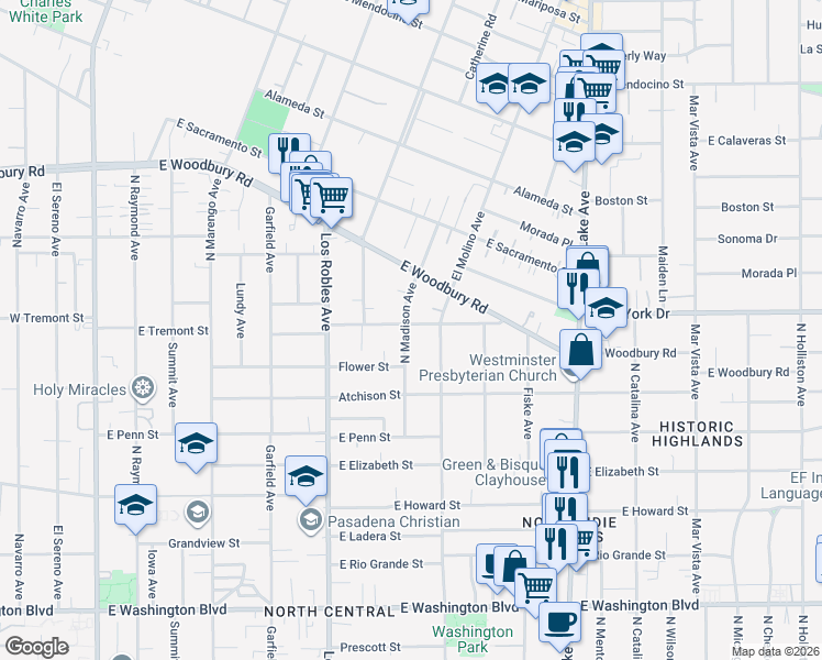 map of restaurants, bars, coffee shops, grocery stores, and more near 1862 North Madison Avenue in Pasadena